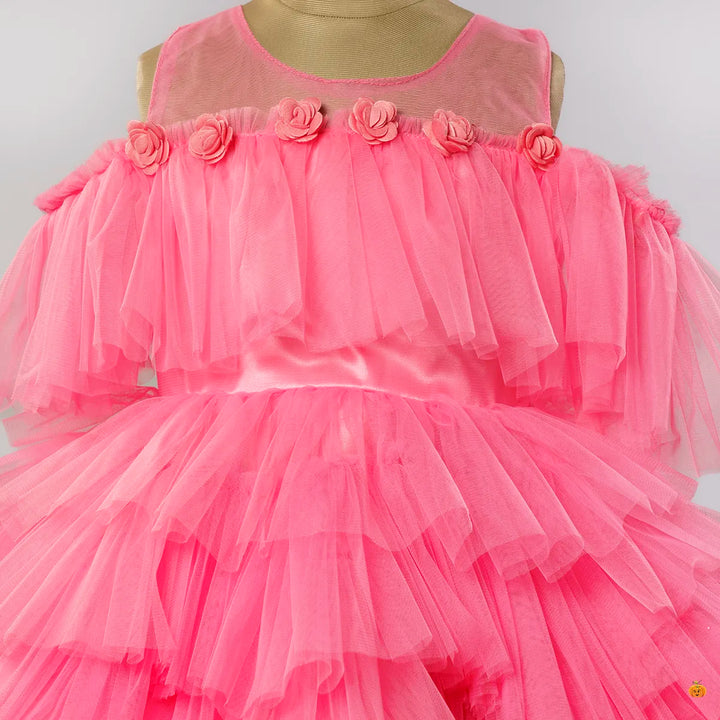 Tomato Frill Net Girls Frock Close Up View