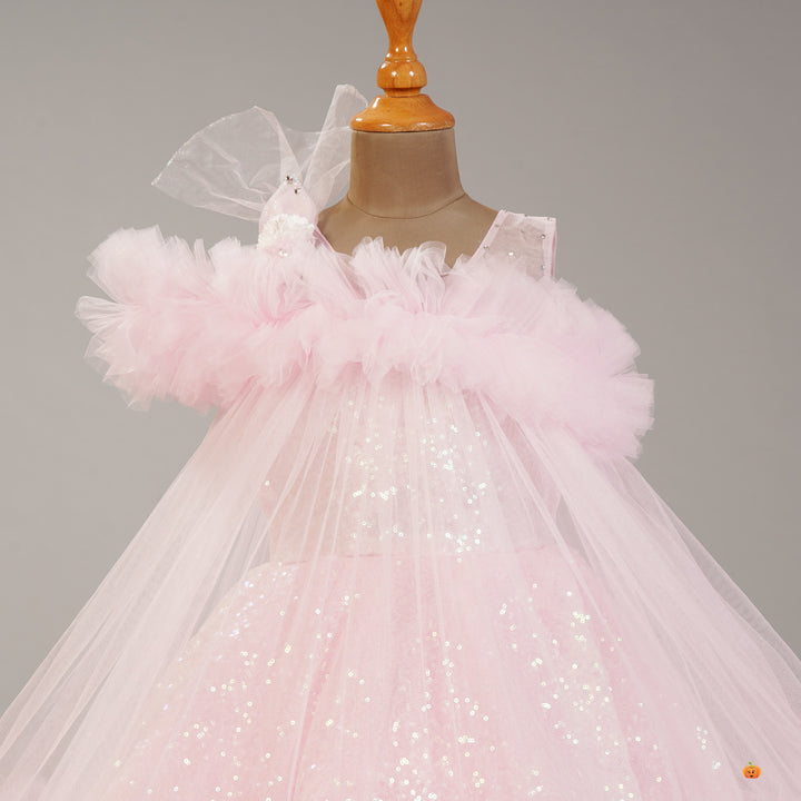 Pink Flared Net Frock for Girls Close Up View