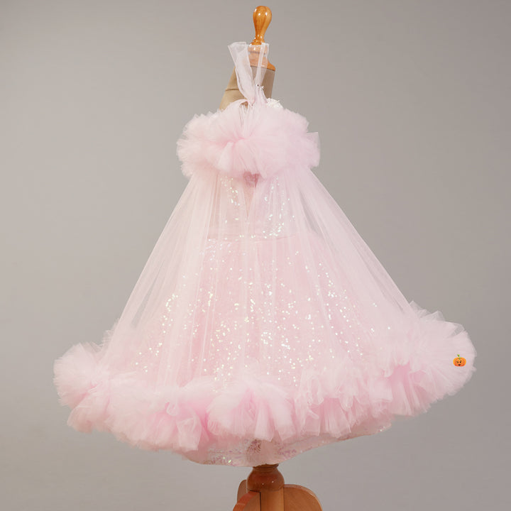 Pink Flared Net Frock for Girls Side View