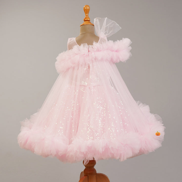 Pink Flared Net Frock for Girls Back View