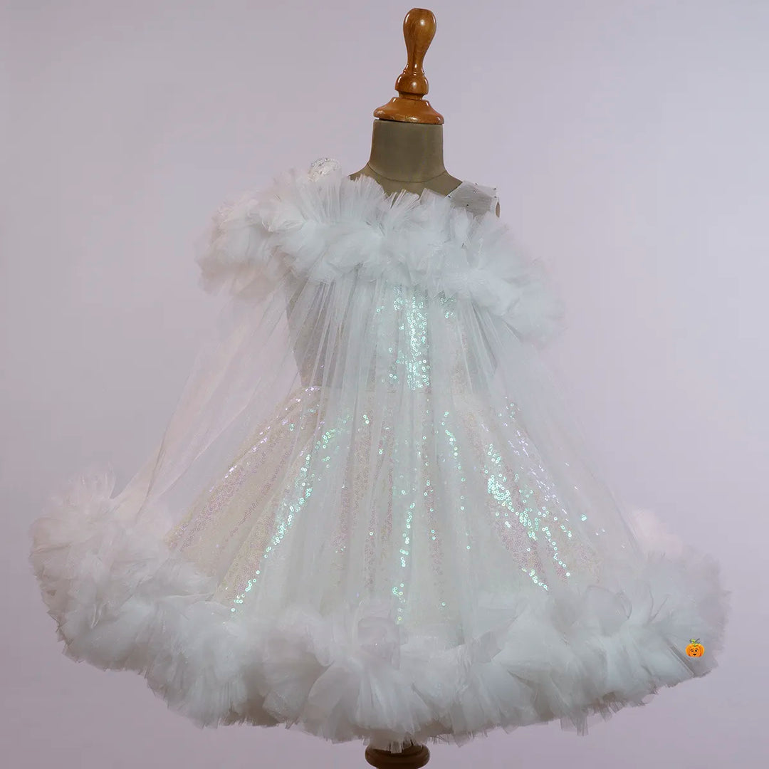 White Flared Net Frock for Girls Front View