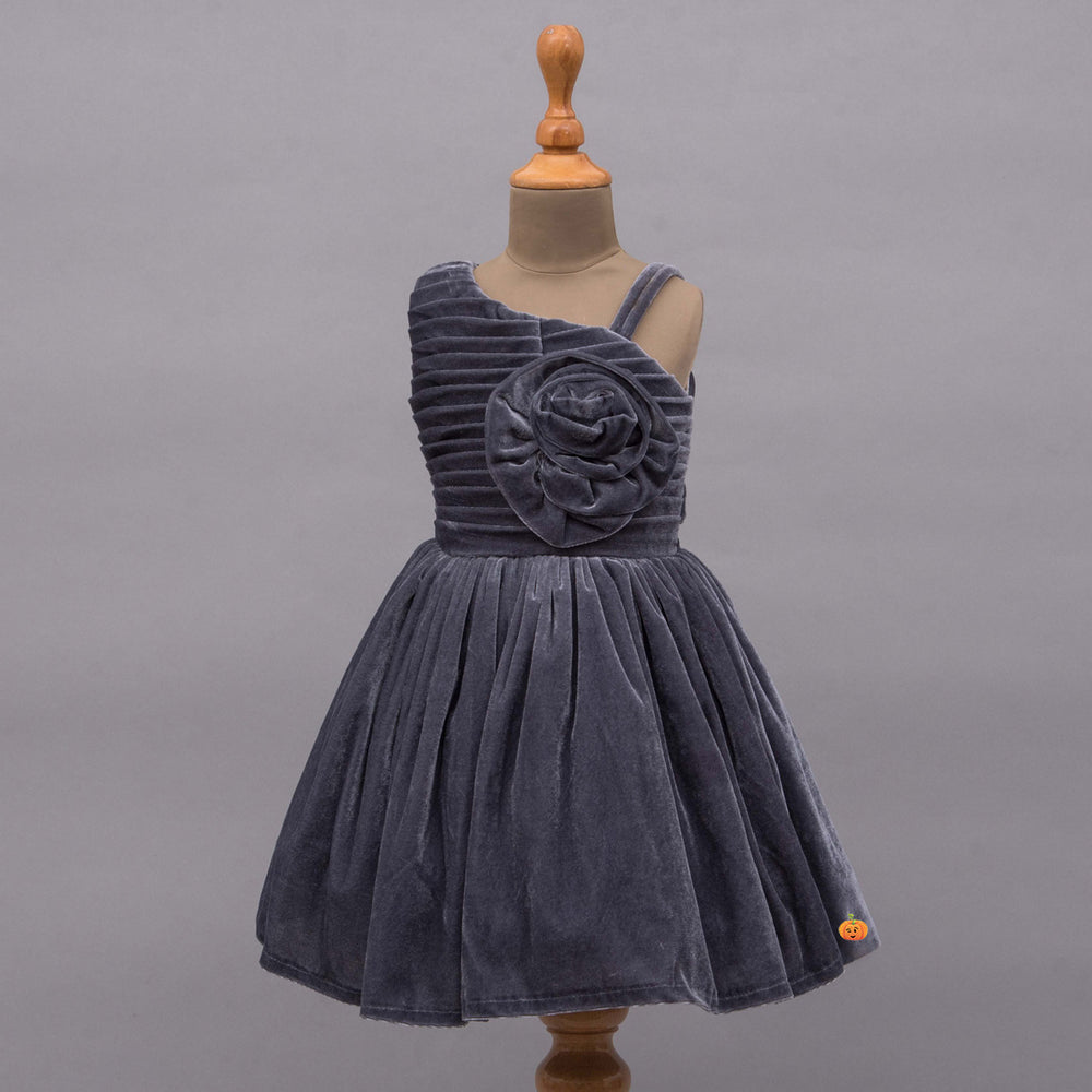 Grey Off-Shoulder Girls Frock Close Up View