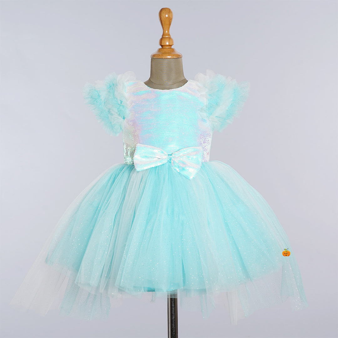 Turquoise Sequin Bow Girls Frock Front View