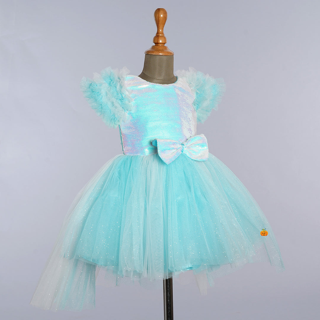 Turquoise Sequin Bow Girls Frock Side View