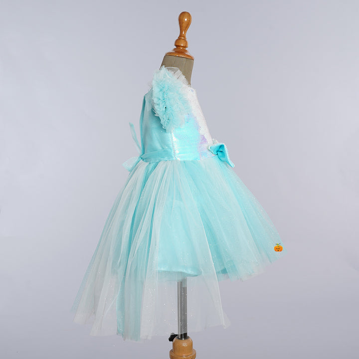 Turquoise Sequin Bow Girls Frock Side View