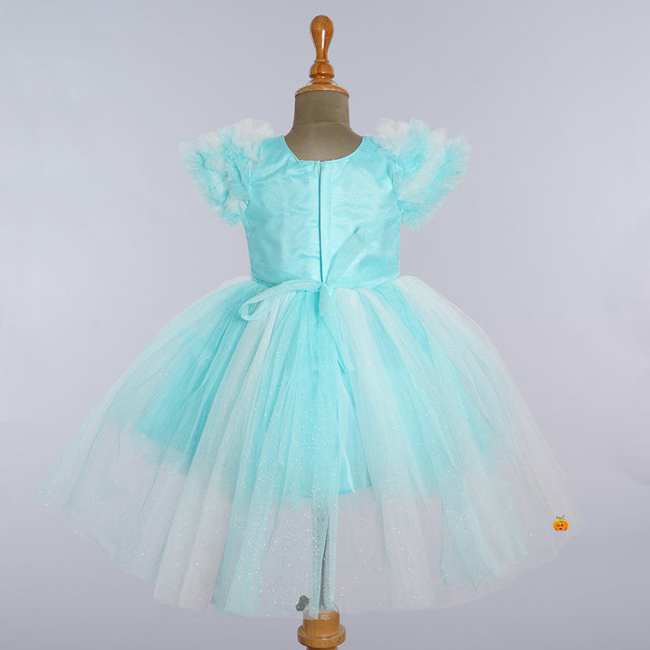 Turquoise Sequin Bow Girls Frock Back View
