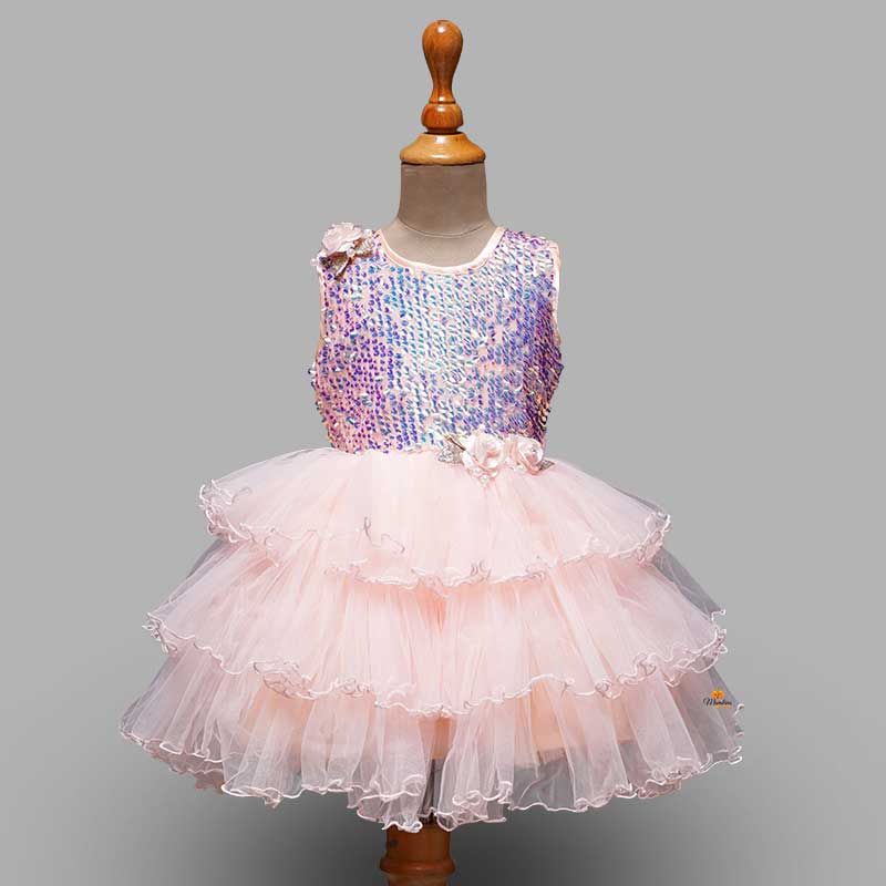 Peach Layered Girls Frock with Sequin Work Front View