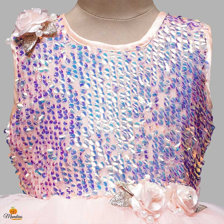 Peach Layered Girls Frock with Sequin Work Close up View