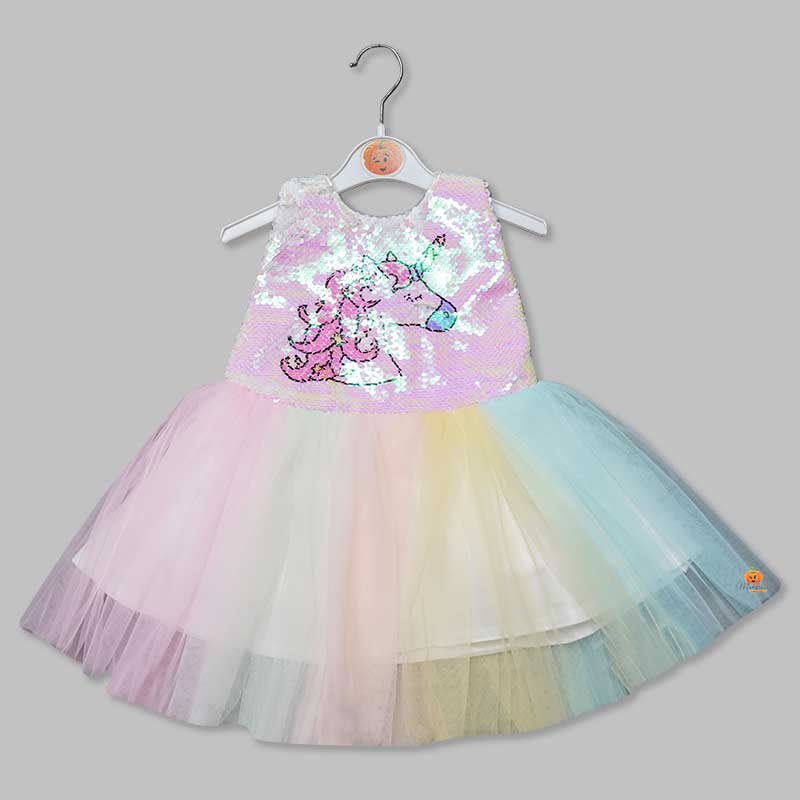 Sequin Unicorn Hues in Frock for Girls Front View