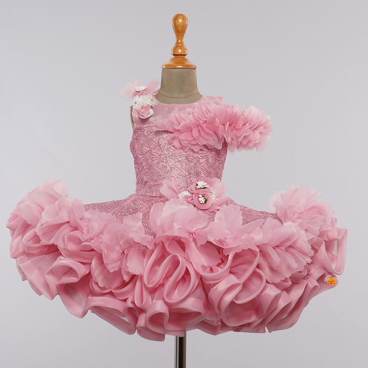 Pink Floral Applique Girls Frock Front View