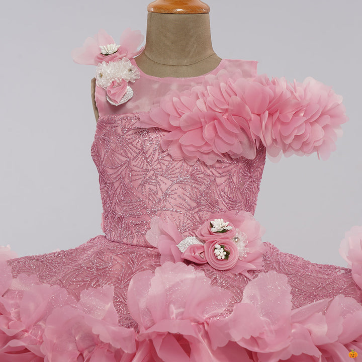 Pink Floral Applique Girls Frock Close Up View