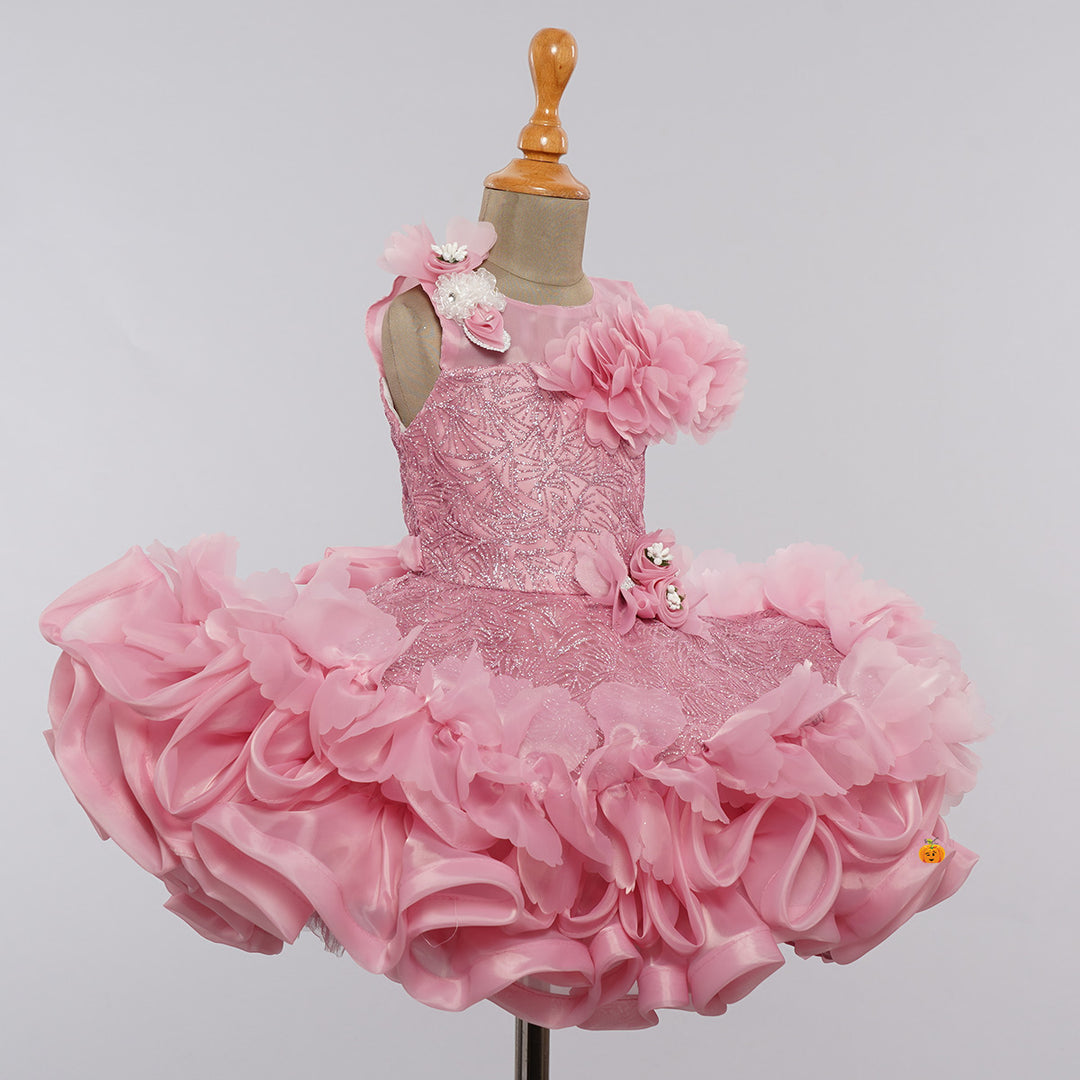 Pink Floral Applique Girls Frock Side View