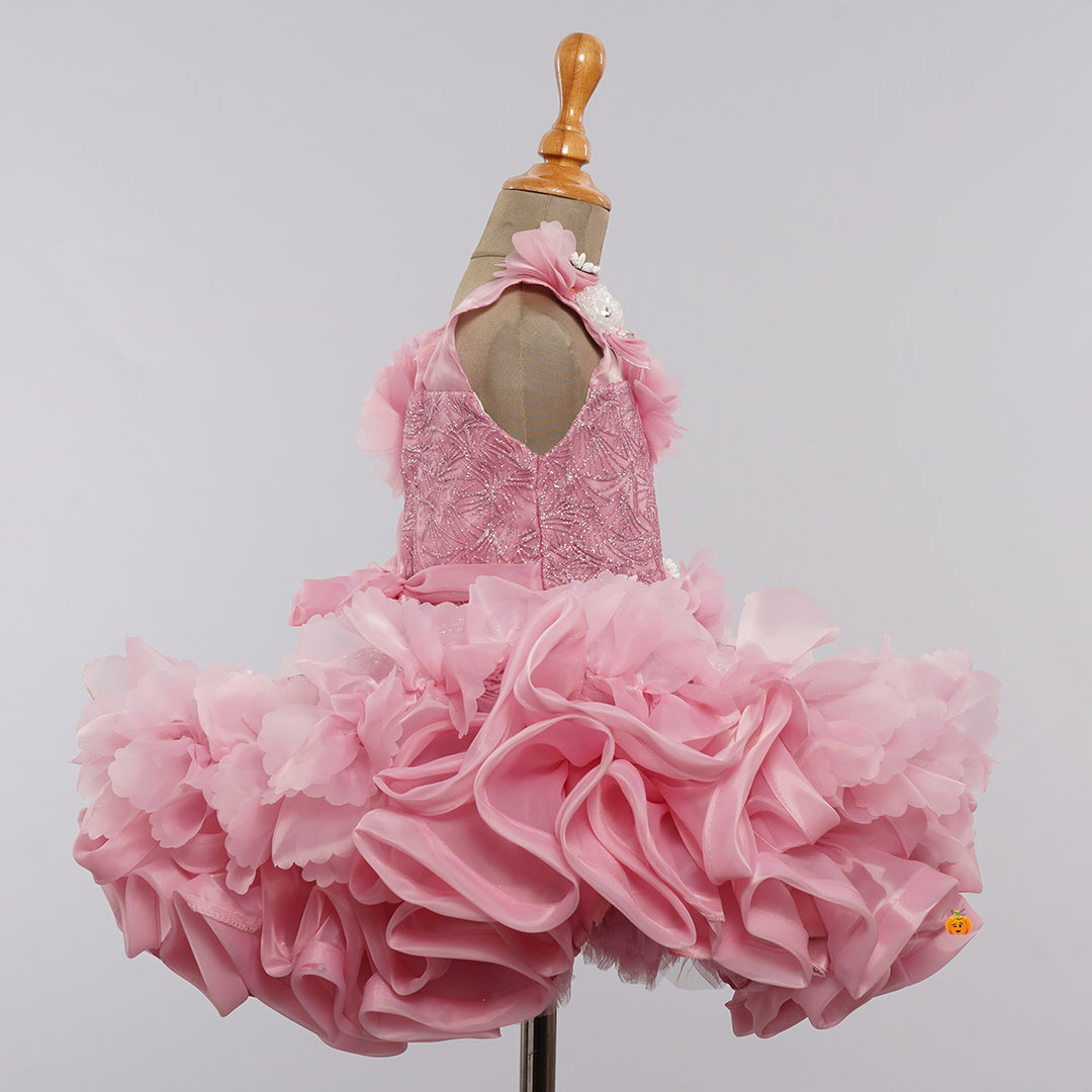 Pink Floral Applique Girls Frock Side View