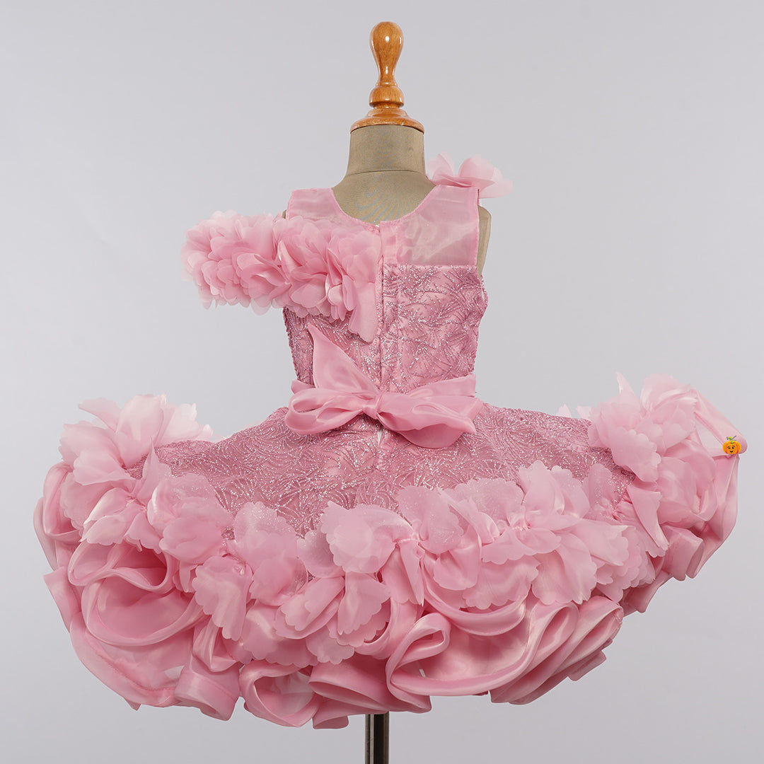 Pink Floral Applique Girls Frock Back View