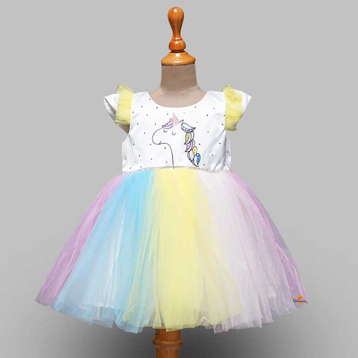 White and Unicorn Baby Frock with Frills Front View