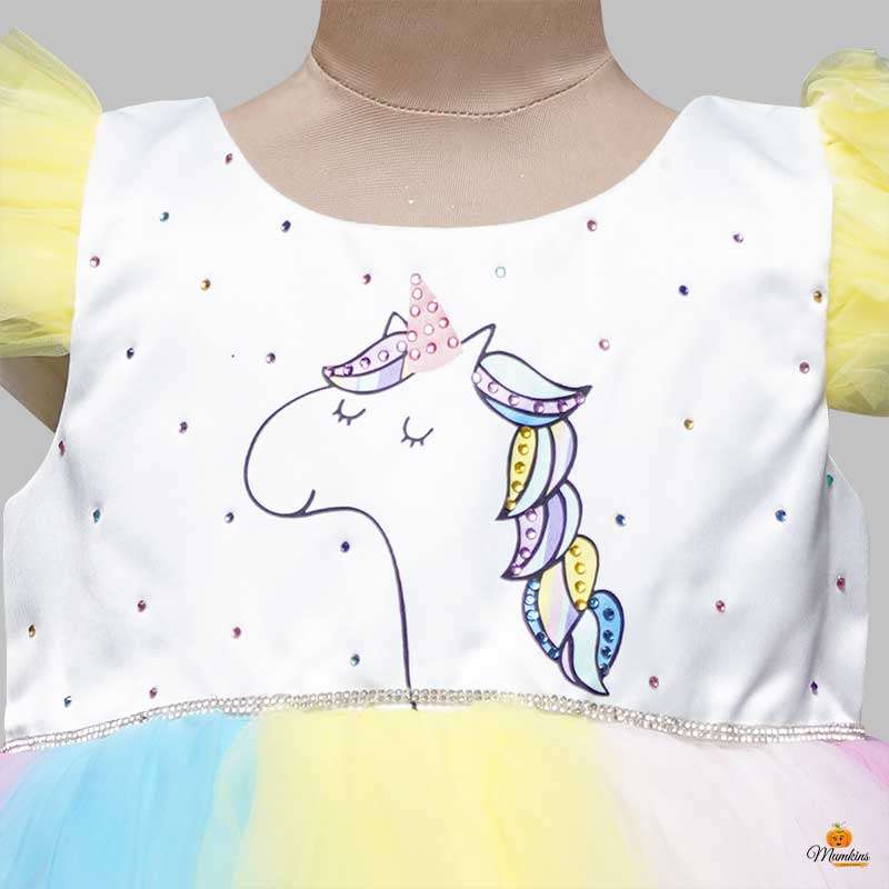 White and Unicorn Baby Frock with Frills Close Up View