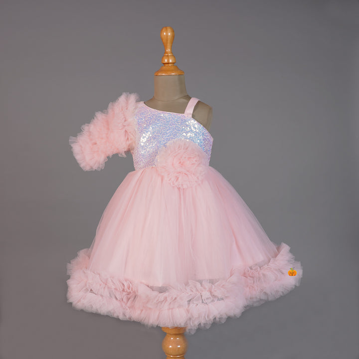 Pink Frill Sequin Girls Frock Front View