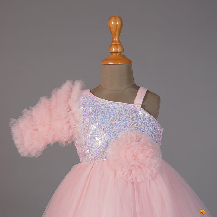 Pink Frill Sequin Girls Frock Close Up View