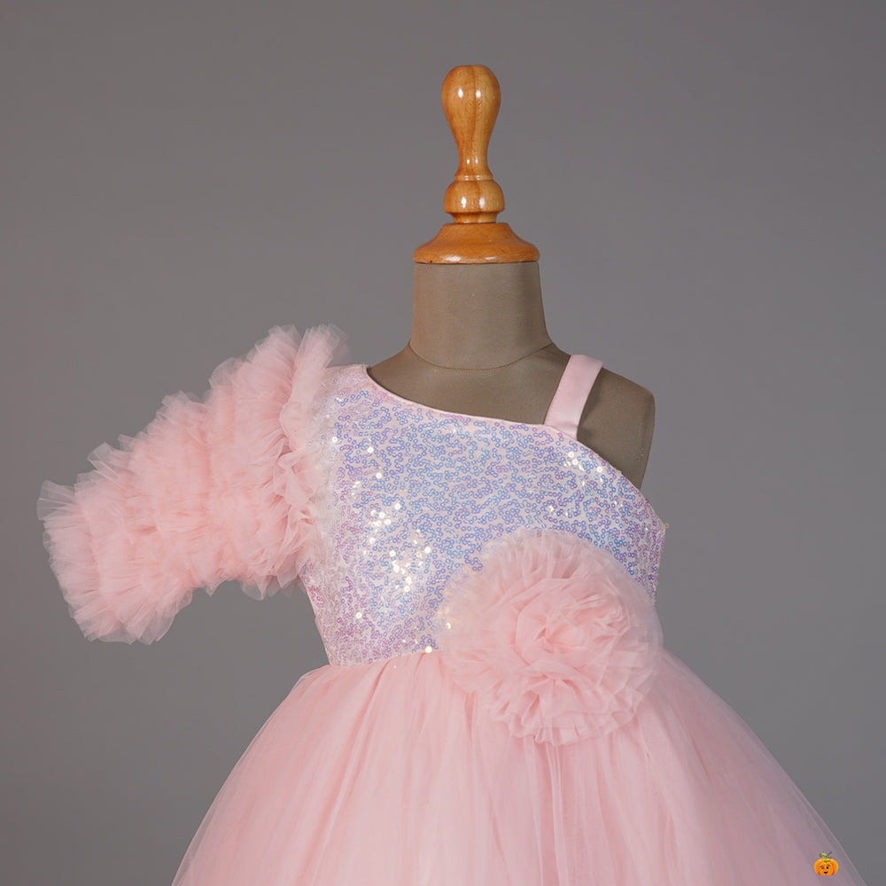 Pink Frill Sequin Girls Frock Close Up View