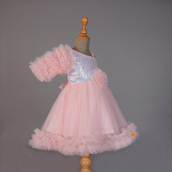 Pink Frill Sequin Girls Frock Side View