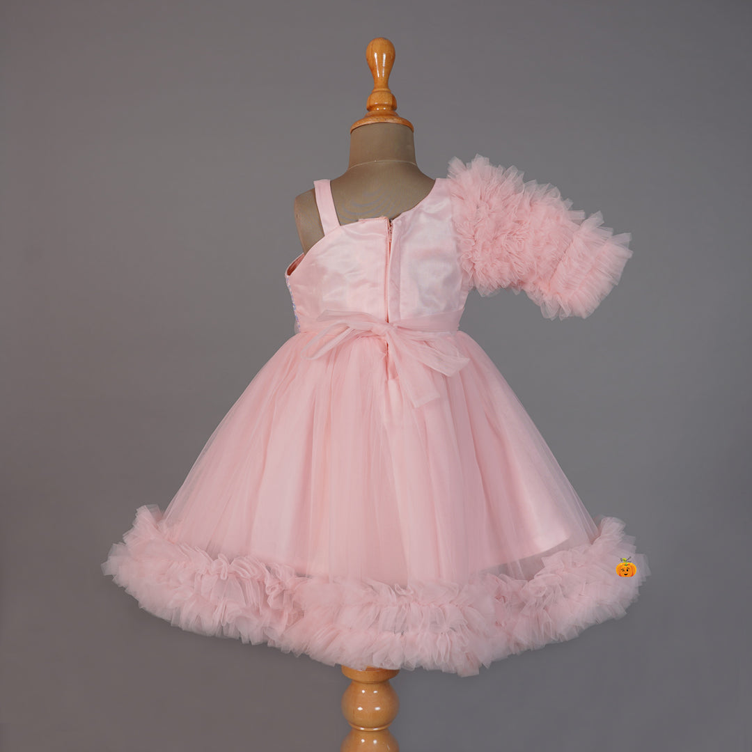 Pink Frill Sequin Girls Frock Back View