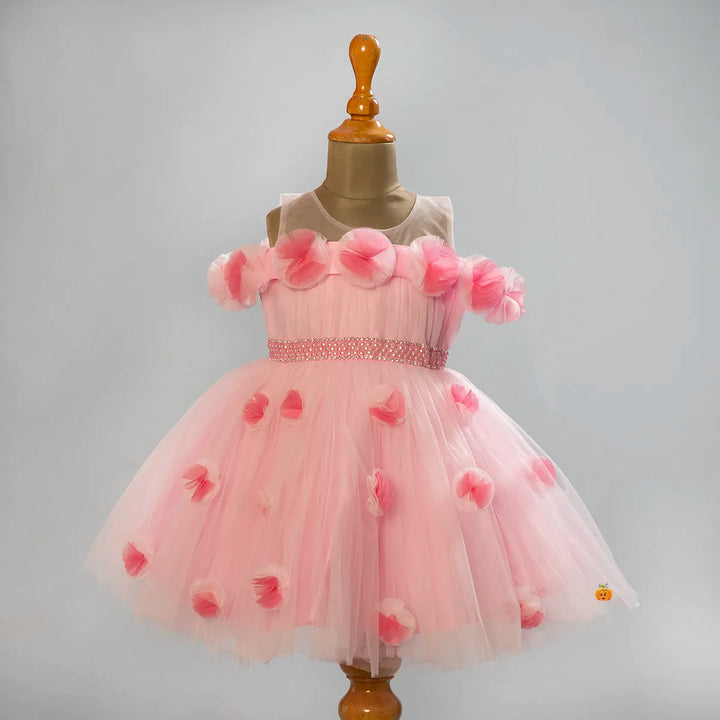Pink Floral Net Girls Frock Front View