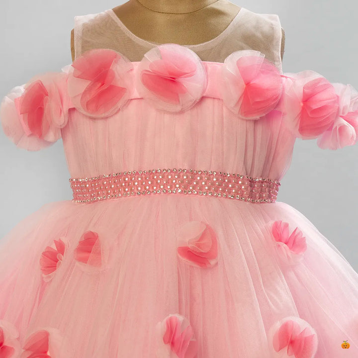 Pink Floral Net Girls Frock Close Up View