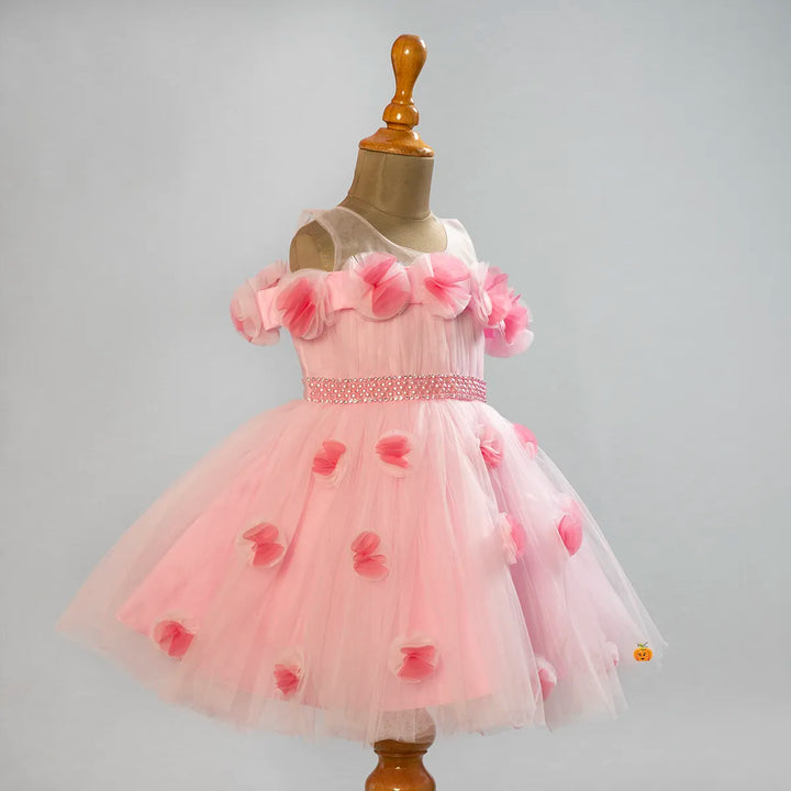 Pink Floral Net Girls Frock Side View