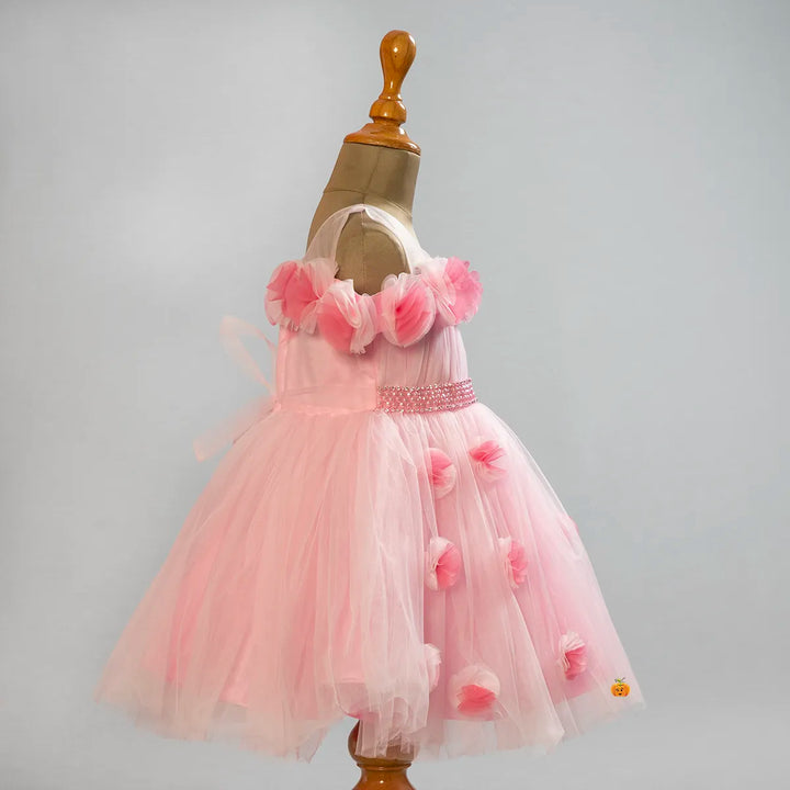 Pink Floral Net Girls Frock Side View