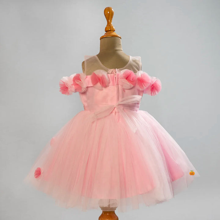 Pink Floral Net Girls Frock Back View
