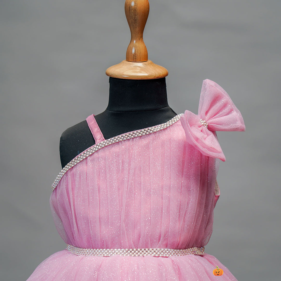 Onion & Pista Bow Design Frock Dress for Girls Close Up View