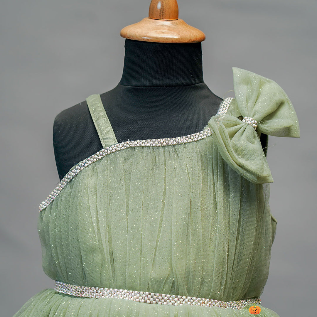 Onion & Pista Bow Design Frock Dress for Girls Variant Close Up View