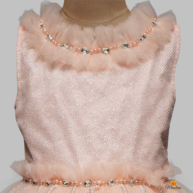 Peach And Sea Green Colors Kids Frock Close Up View