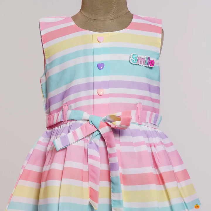 Multi Color Striped Cotton Frock for Girls Close Up View