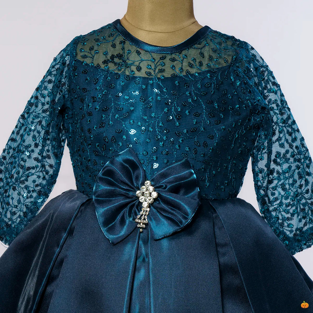 Rama Green Party Wear Frock with Bow Close Up View