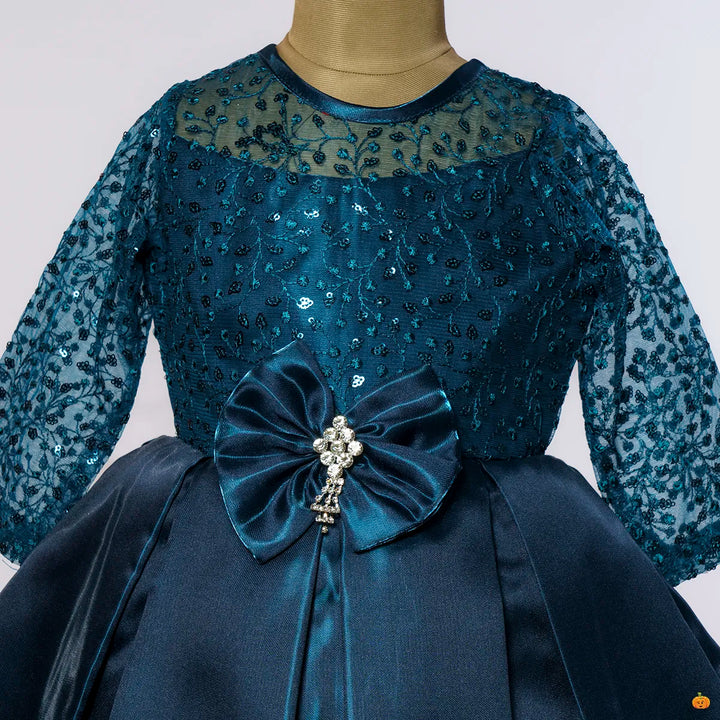 Rama Green Party Wear Frock with Bow Close Up View