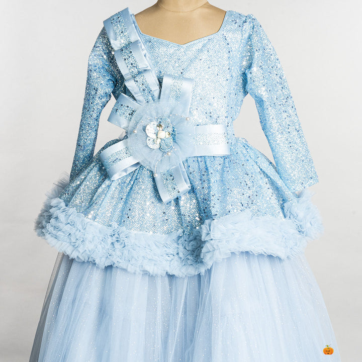 Sky Blue Sequin Layered Girls Gown 