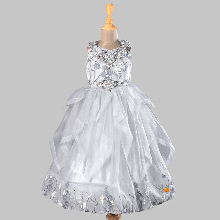 Grey Floral Gown for Girls Front View