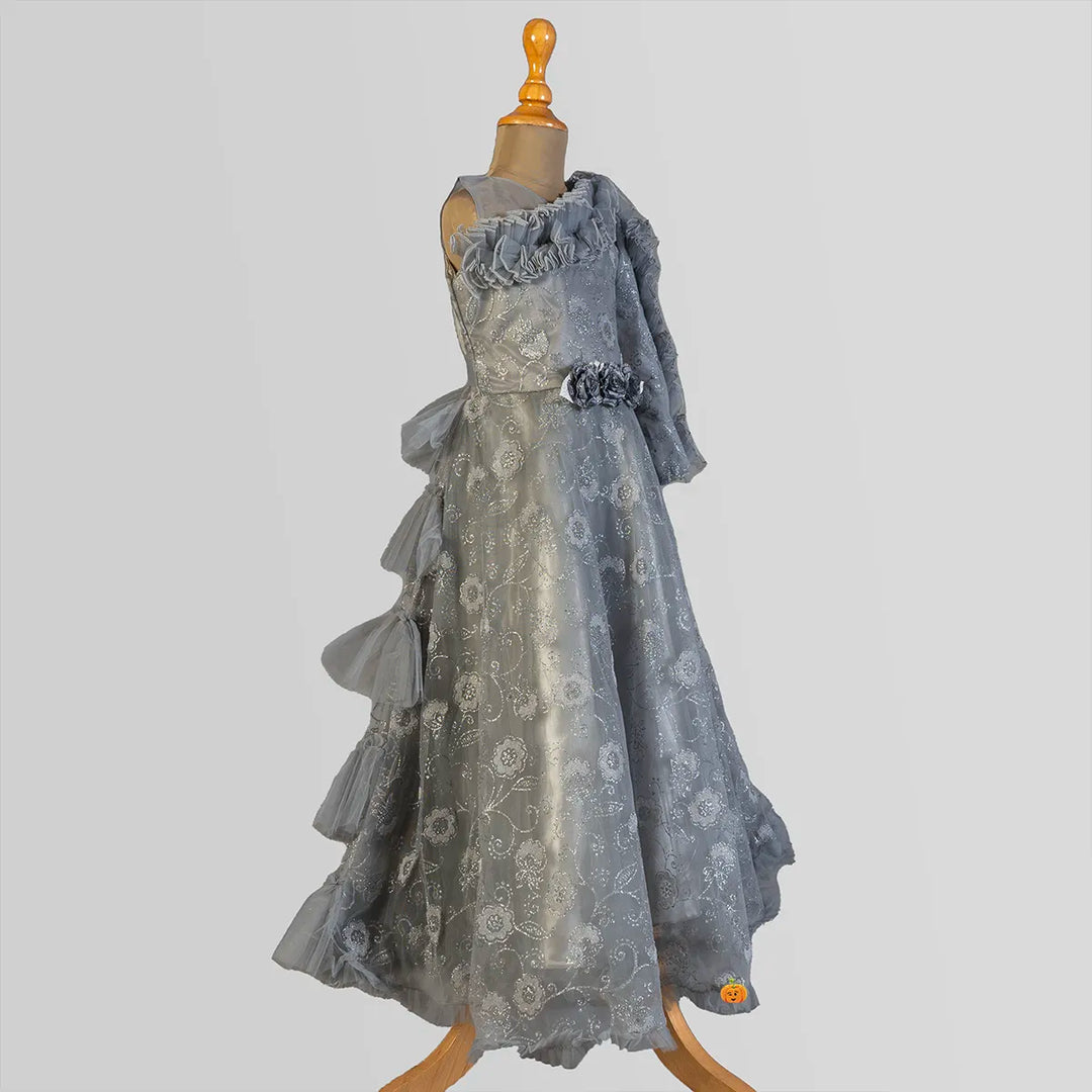 Grey & Peach Long Girls Gown Side View