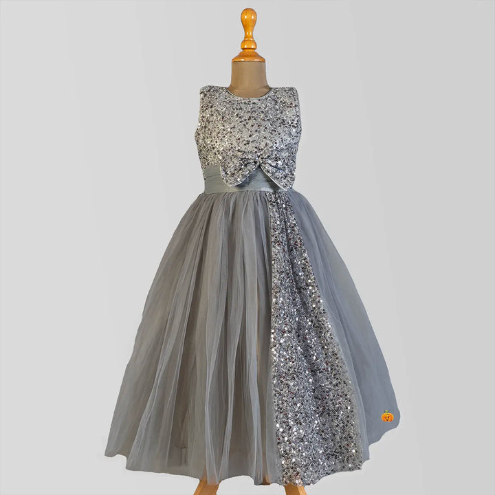 Grey Sequin Bow Girls Gown Front View