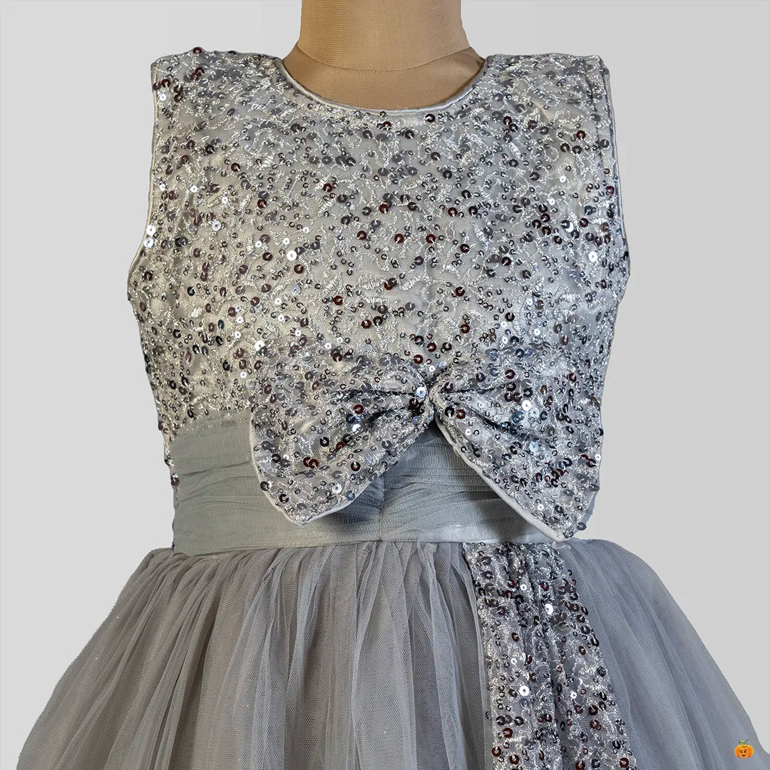 Grey Sequin Bow Girls Gown Close Up View