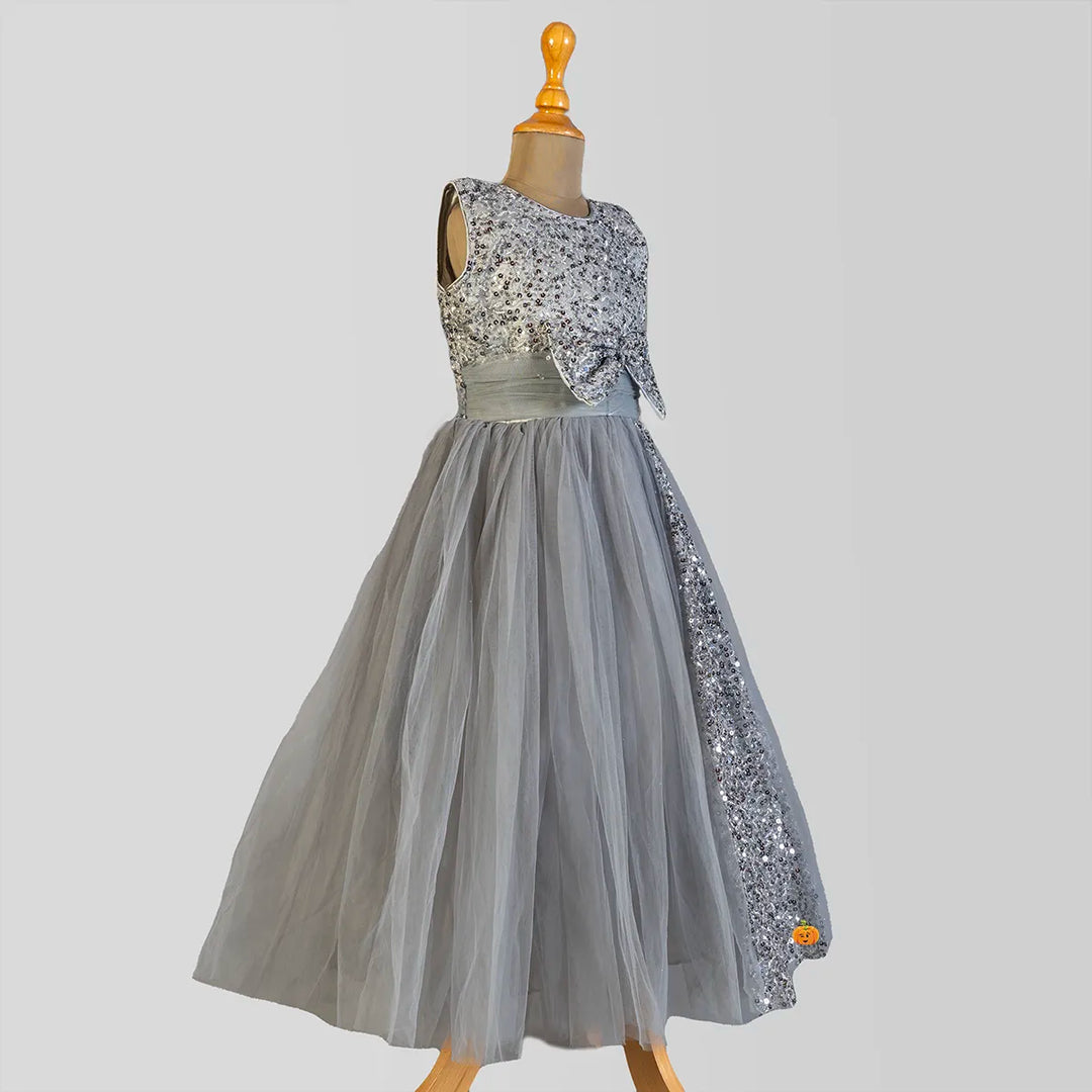 Grey Sequin Bow Girls Gown Side View