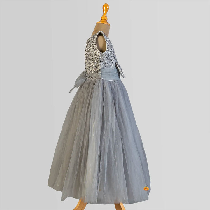 Grey Sequin Bow Girls Gown Side View
