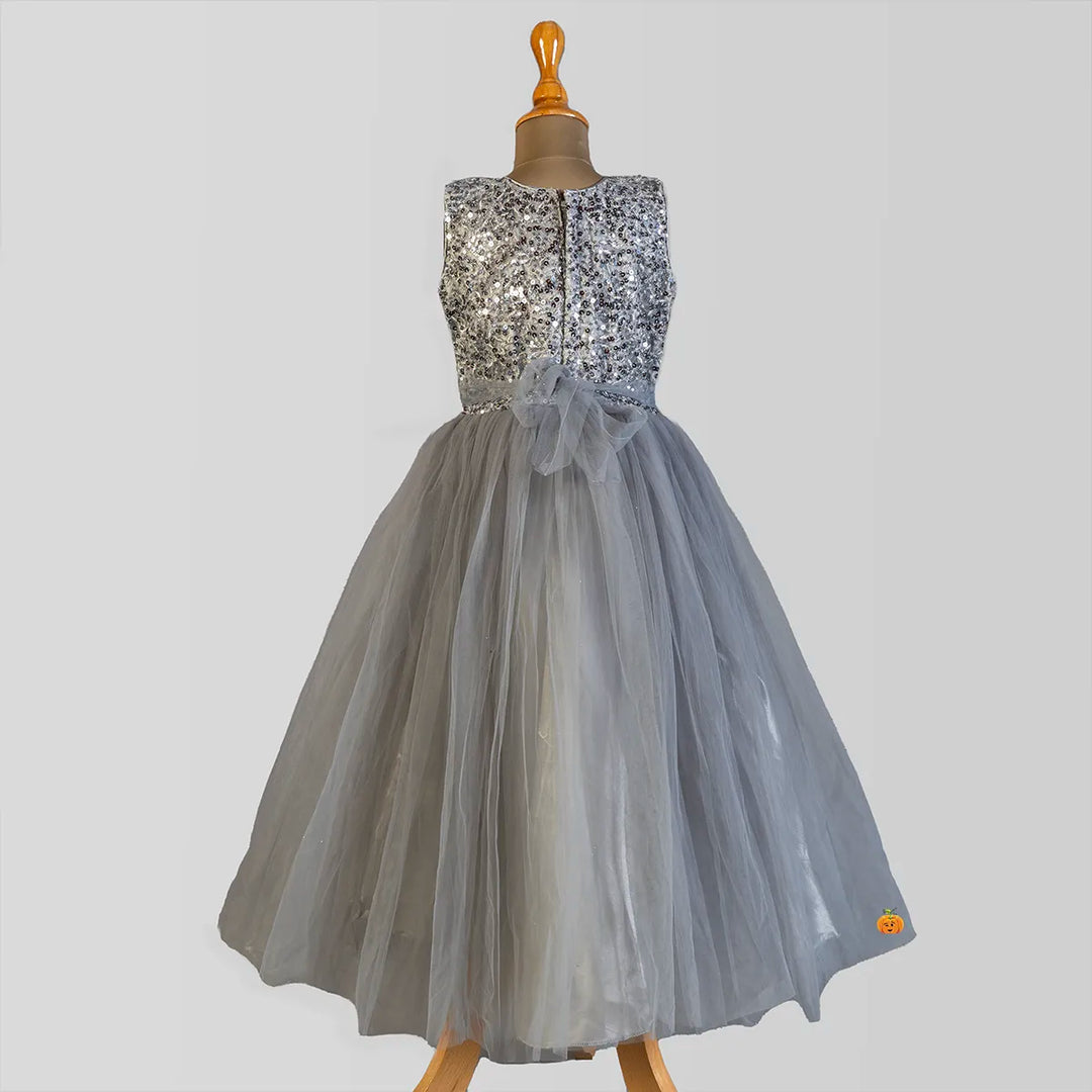 Grey Sequin Bow Girls Gown Back View