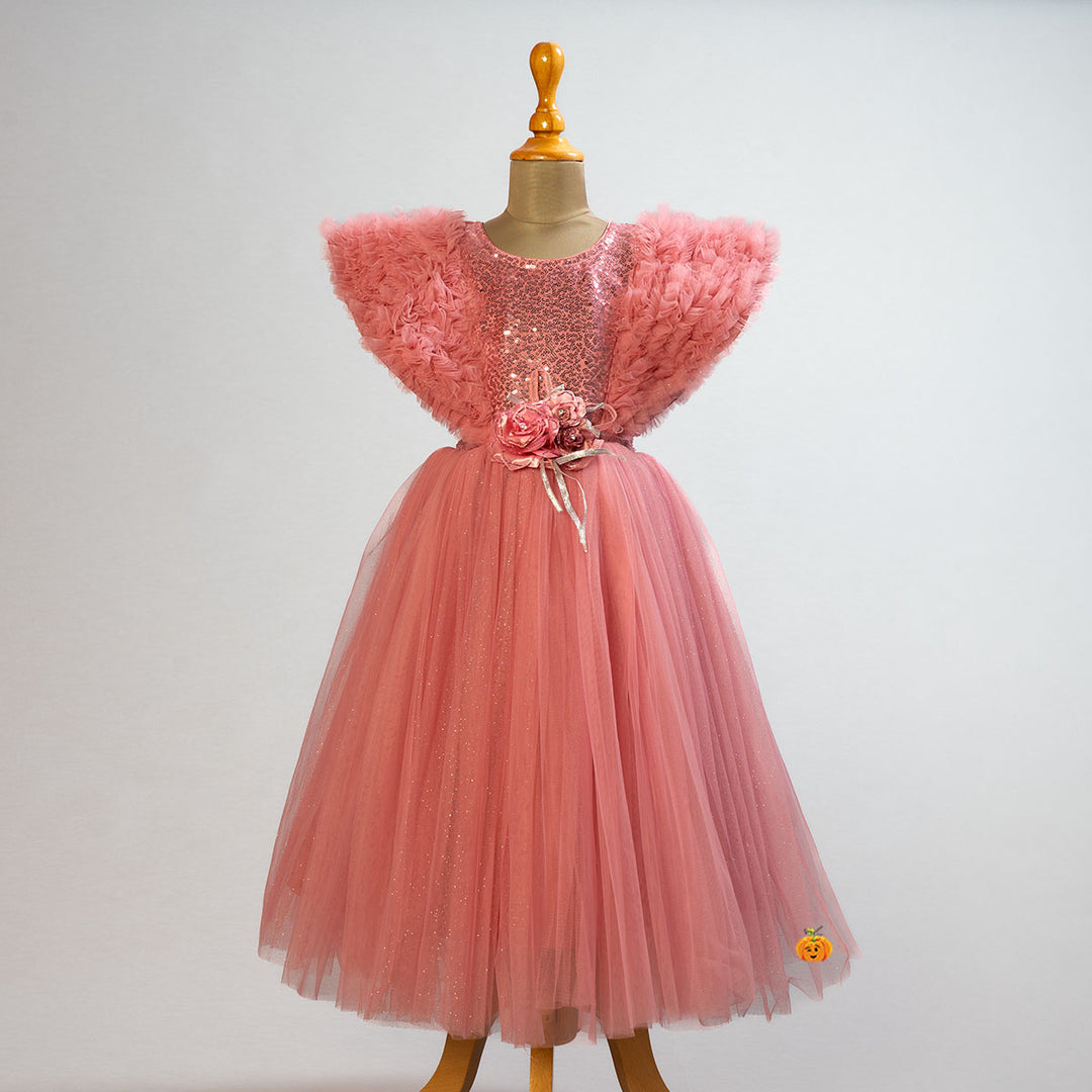 Peach Ruffled Sleeves Girls Gown Front View