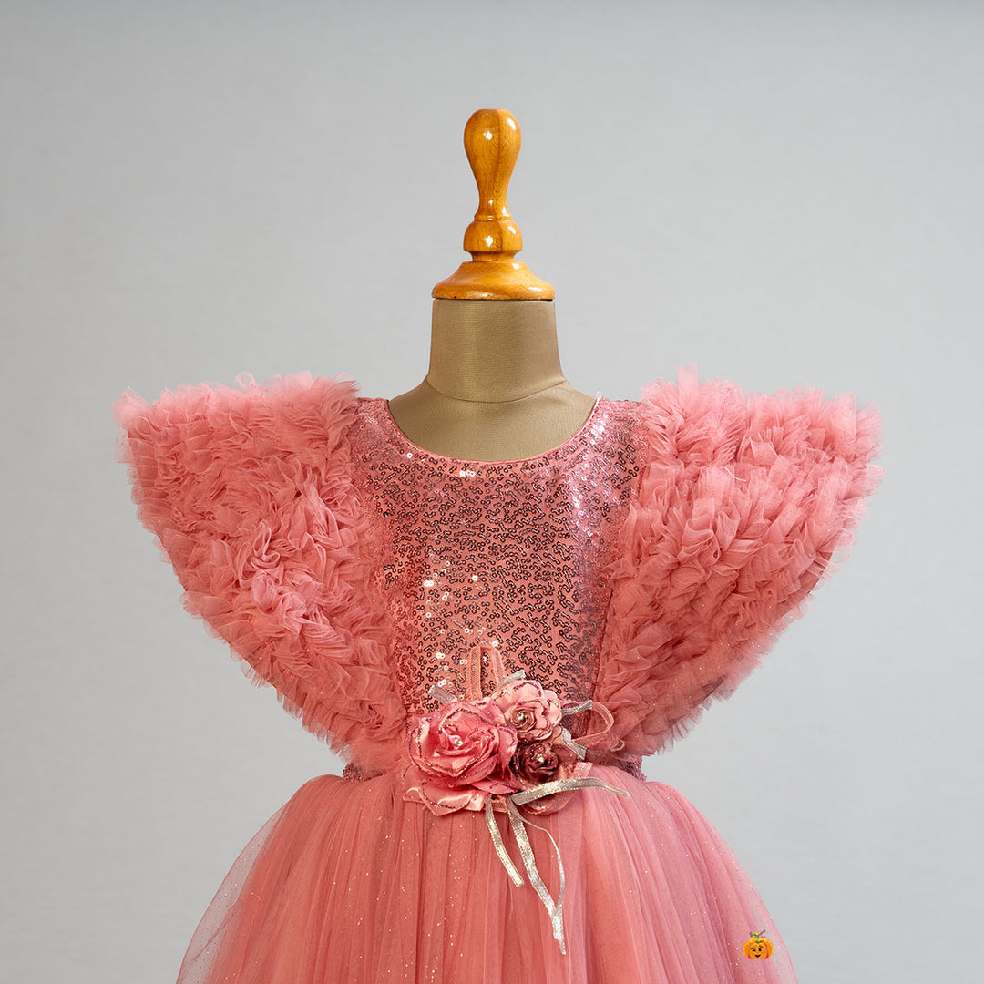 Peach Ruffled Sleeves Girls Gown Close Up View