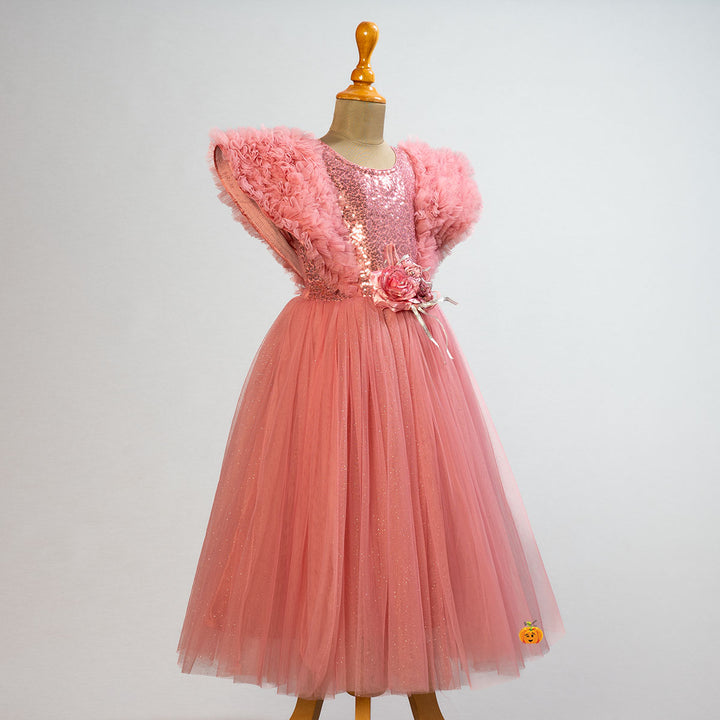 Peach Ruffled Sleeves Girls Gown Side View