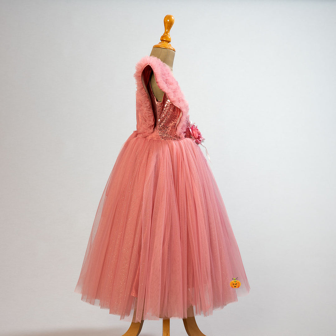 Peach Ruffled Sleeves Girls Gown Side View