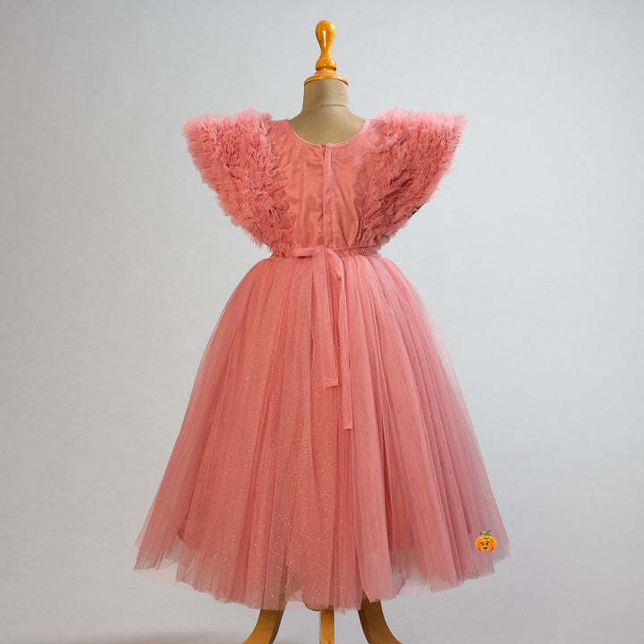 Peach Ruffled Sleeves Girls Gown Back View