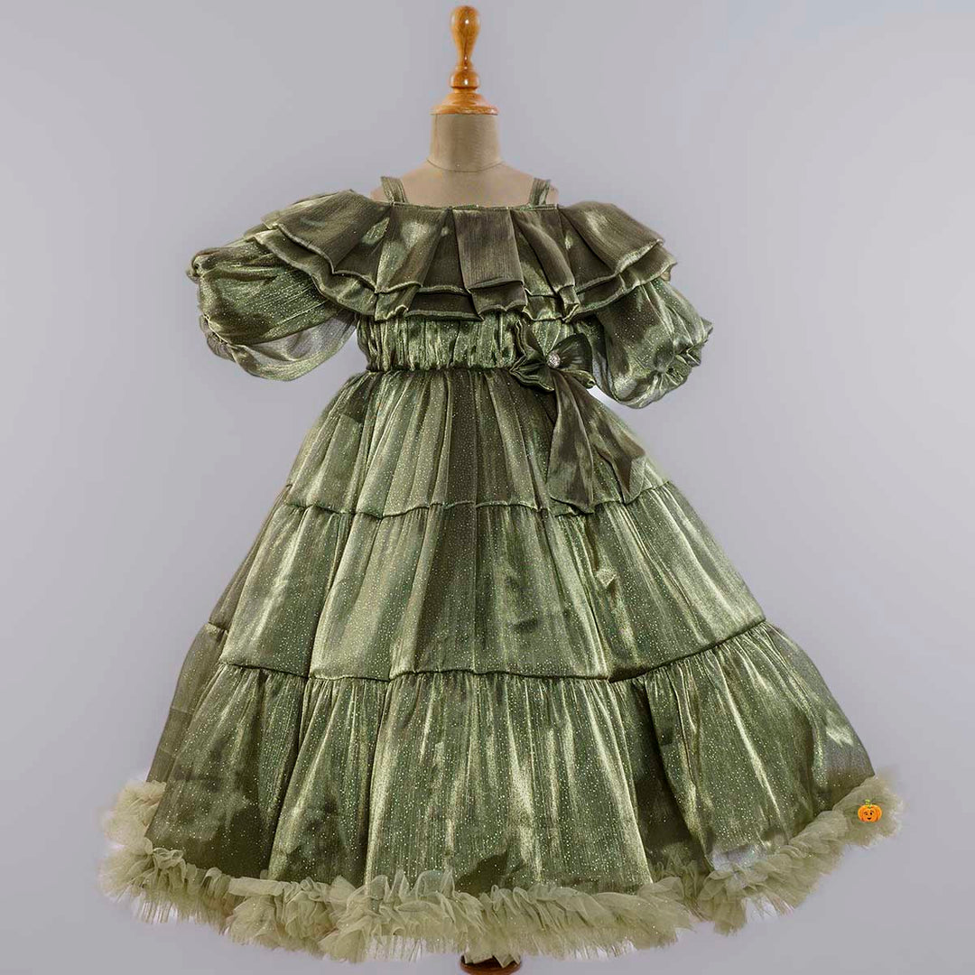 Green Off Shoulder Frill Gown for Girls Front View